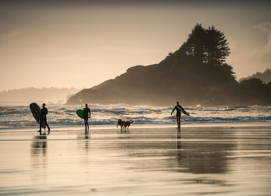 Surfers along the beach in Tofino, British Columbia